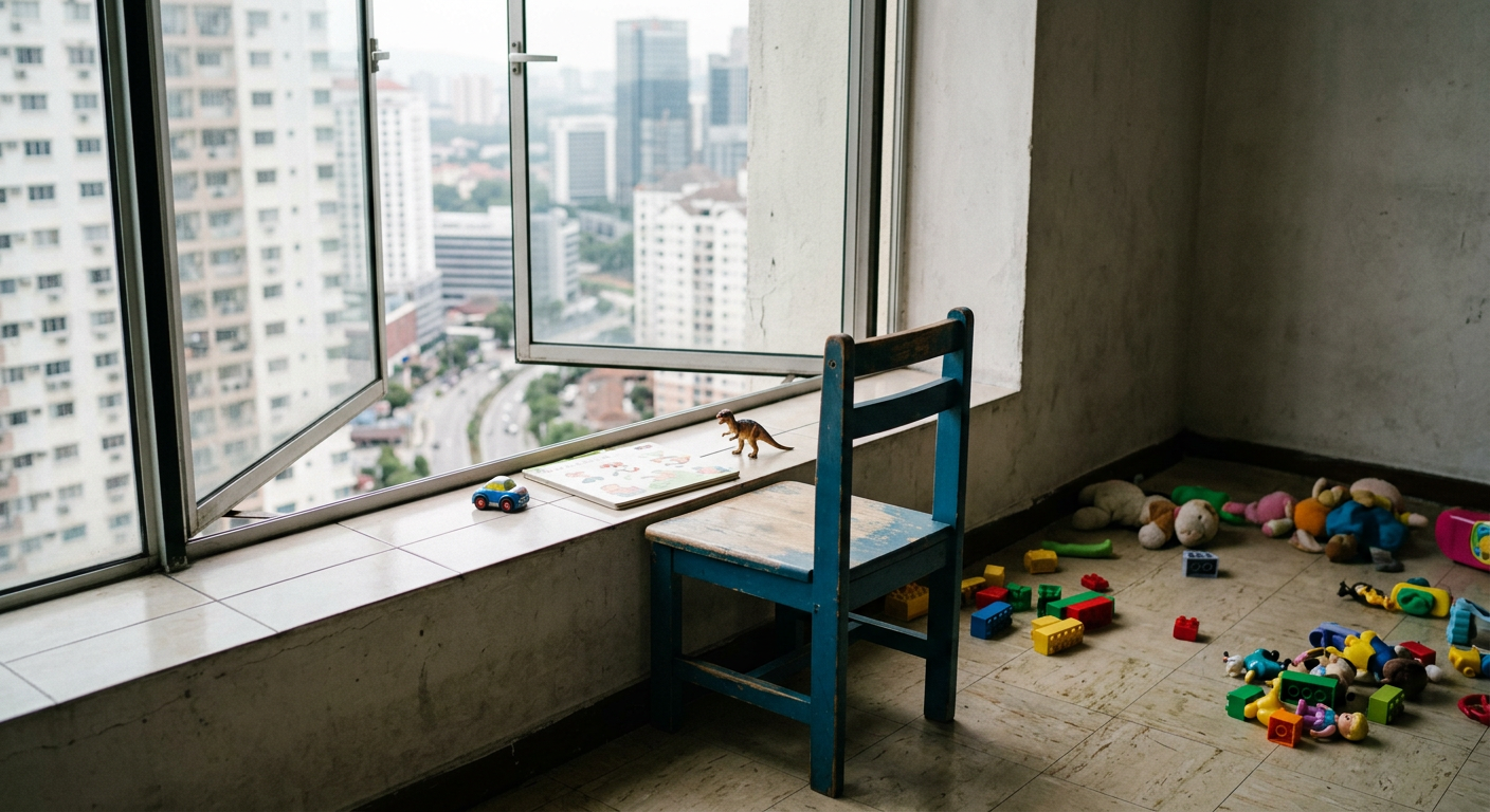 Chair pushed against window sill without invisible grill in Malaysian apartment — child safety hazard