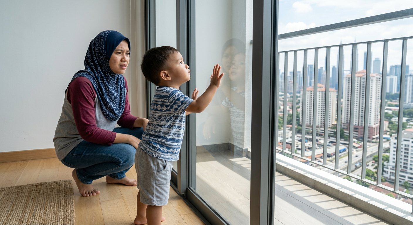 Curious Malaysian toddler reaching toward a balcony glass door with no invisible grill installed