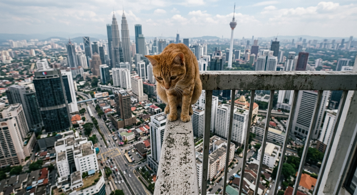 Cat sitting dangerously on a Malaysian high-rise balcony railing with no invisible grill