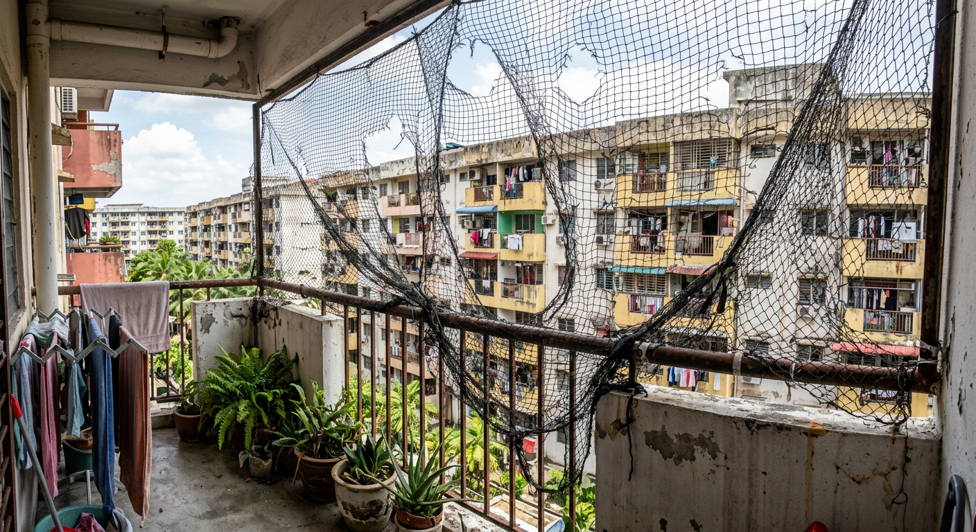 Torn cat netting on a Malaysian apartment balcony — weaker alternative to invisible grille