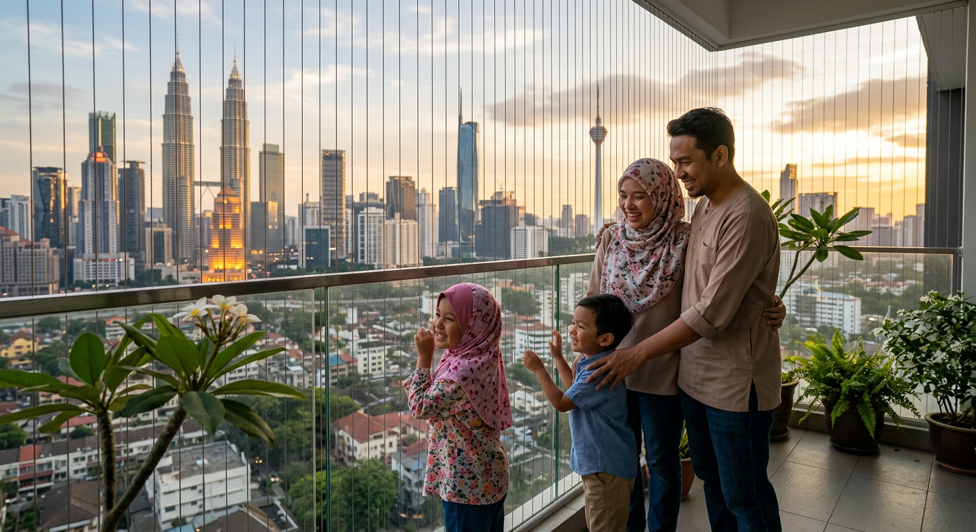 Happy Malaysian family standing safely on their condo balcony with invisible grill installed