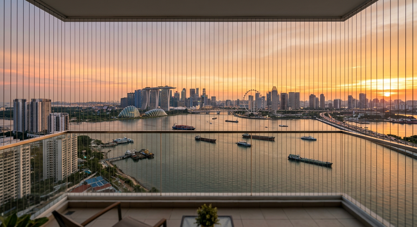 Sunset view from a JB condo balcony toward Singapore with invisible grill cables visible