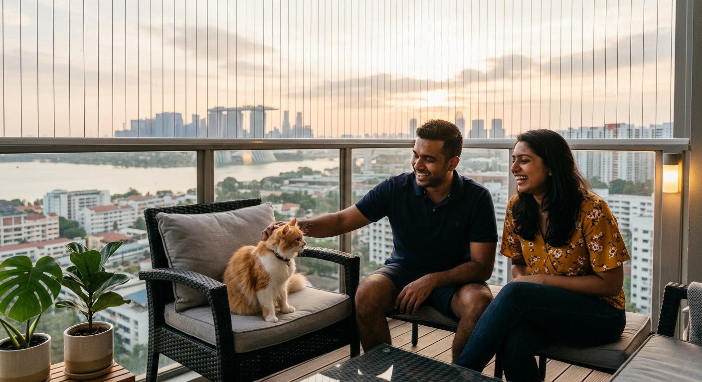 Malaysian Indian couple with their cat on a JB condo balcony with invisible grill installed