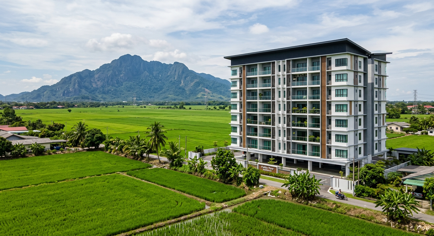 Modern apartment in Alor Setar Kedah with rice paddies and Gunung Jerai — invisible grill service area