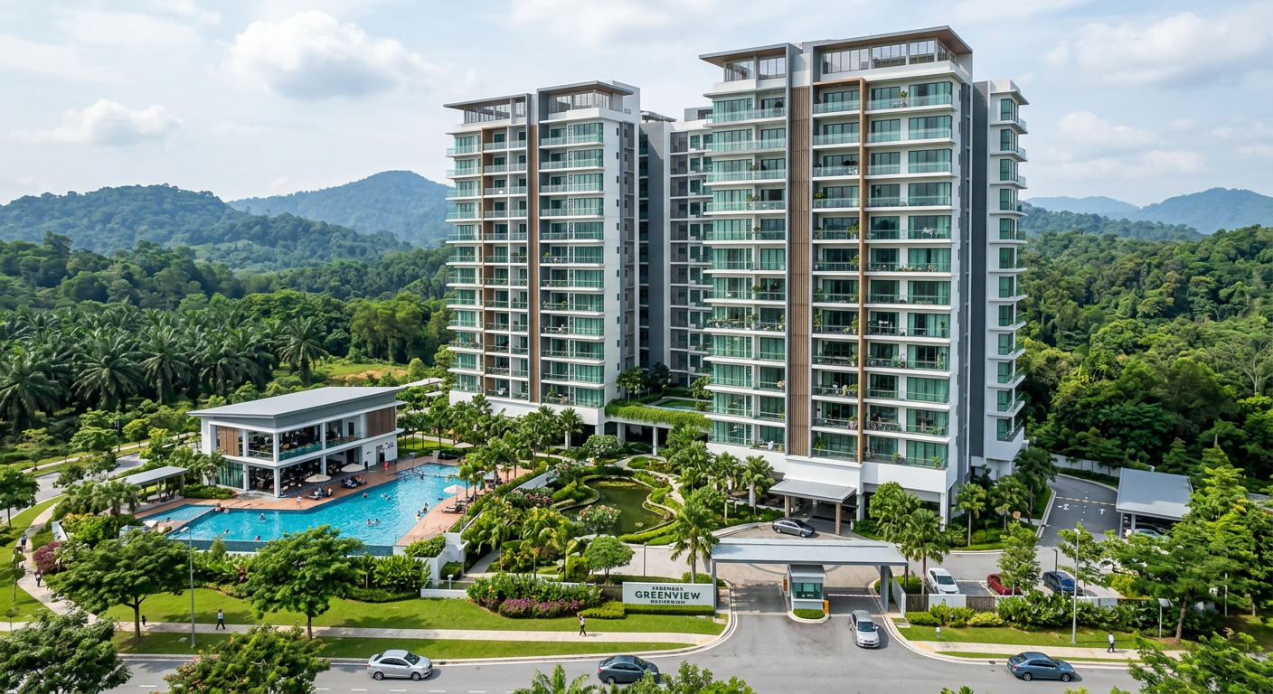 Modern condominium in Seremban Negeri Sembilan with green hills — invisible grill service area