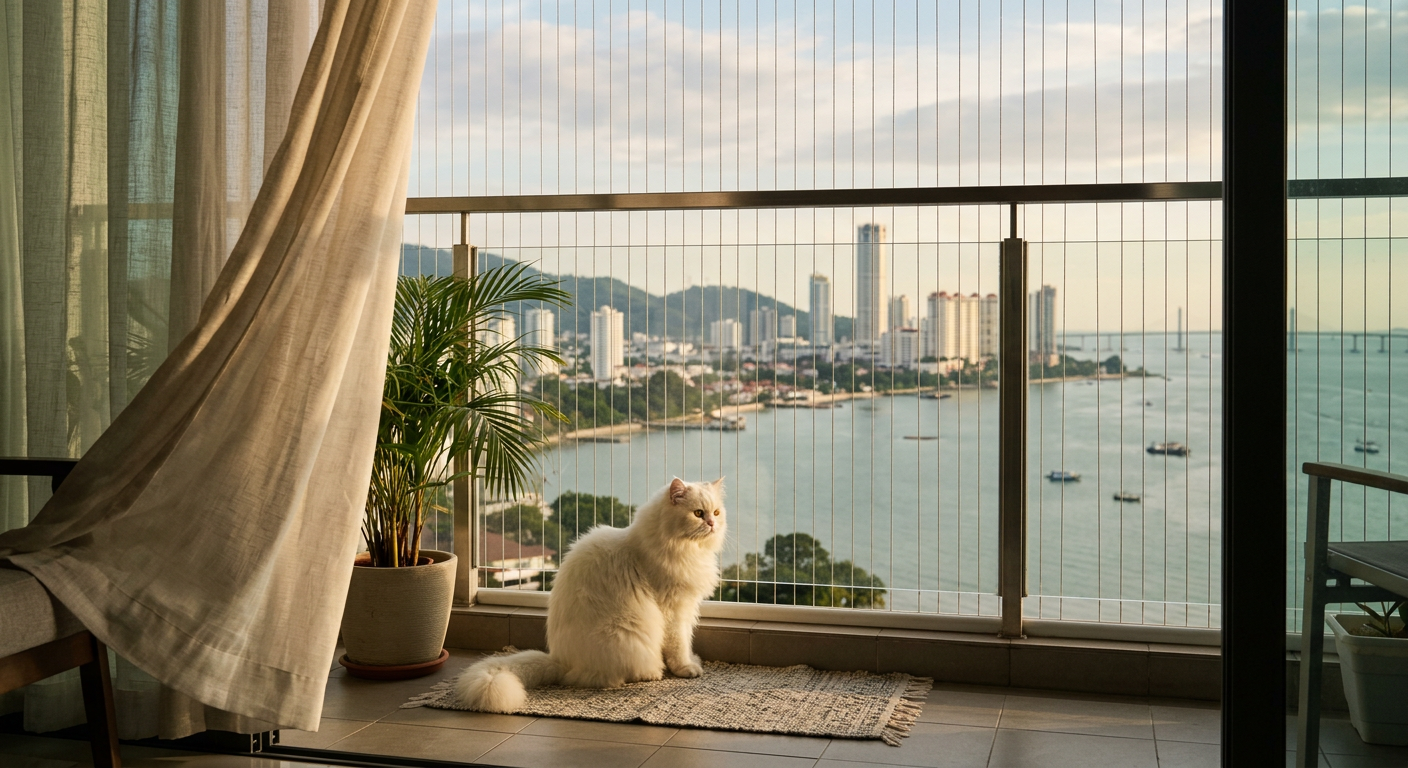 Persian cat safe on a Penang condo balcony behind invisible grill cables with skyline behind