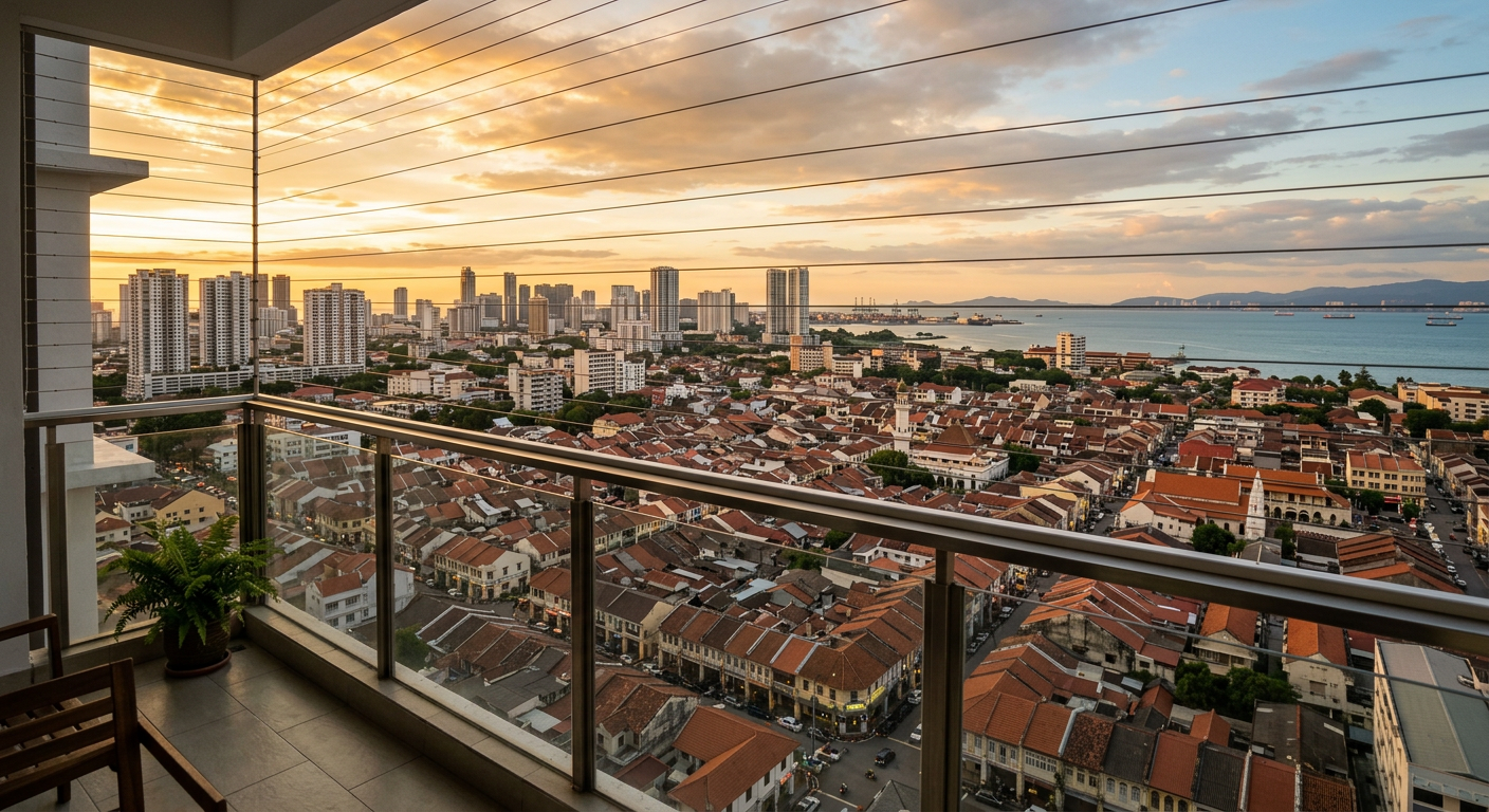 View from a Penang condo balcony over Georgetown rooftops with invisible grill cables in foreground