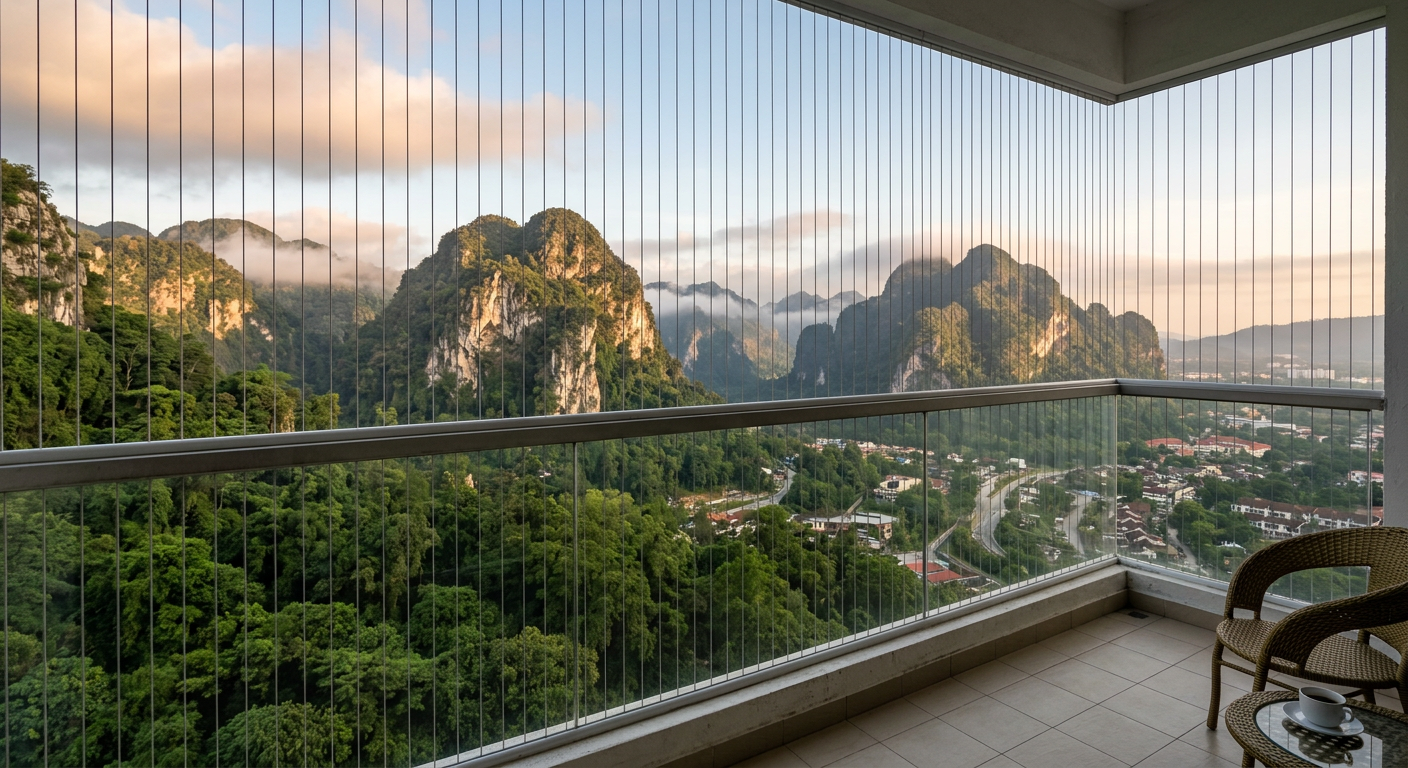 View from an Ipoh condo balcony of Perak limestone hills with invisible grill cables in foreground