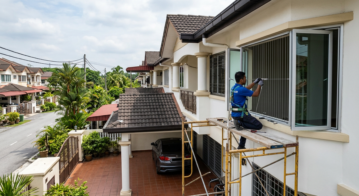 Invisible grill installed on a landed house window in Ipoh Perak terrace home