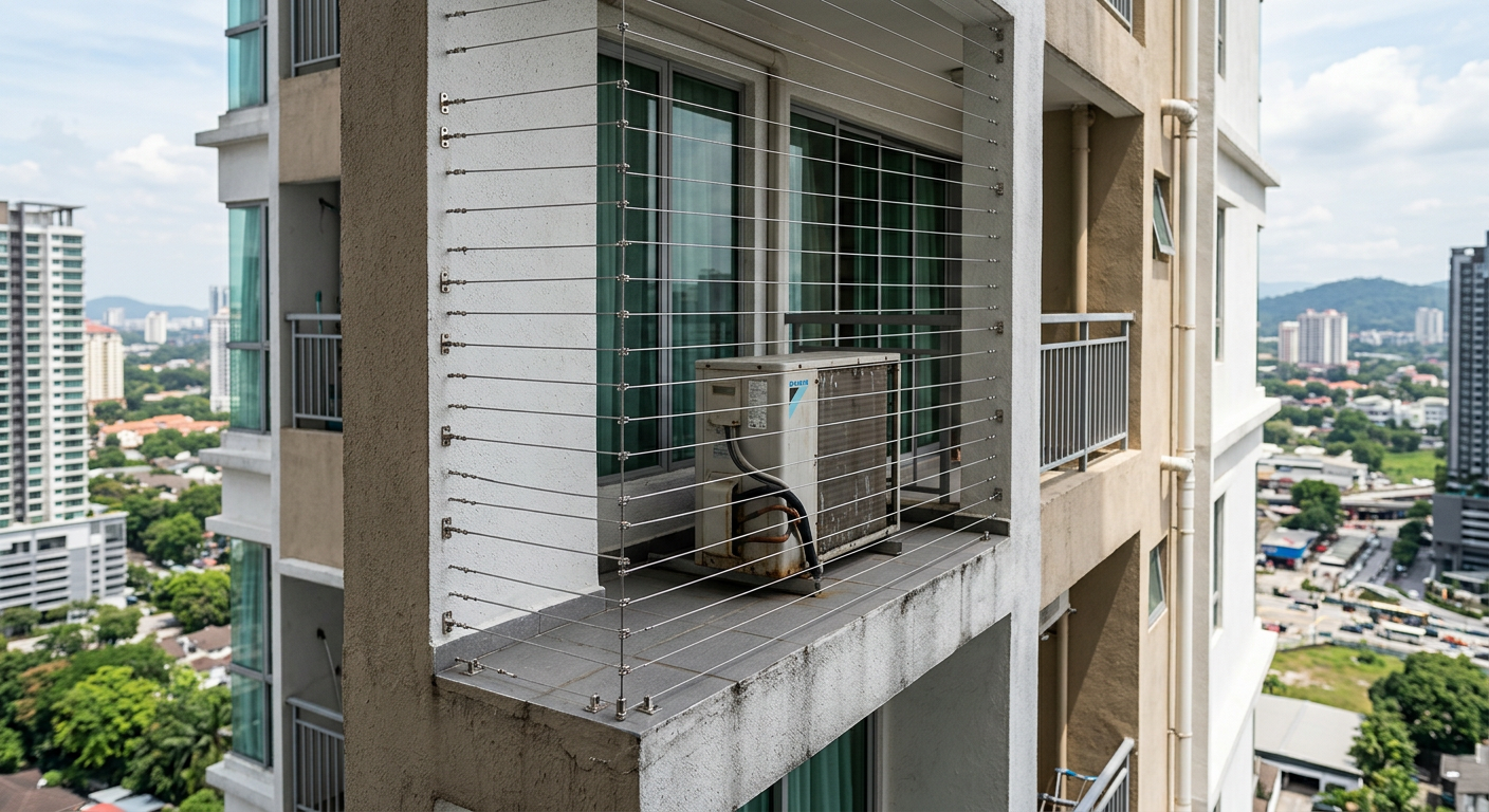 Invisible grill installed on an aircon ledge of a Malaysian apartment building