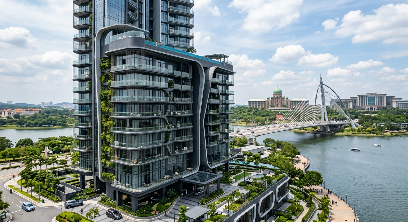 Ultra-modern condominium in Putrajaya with iconic bridge — invisible grill service area