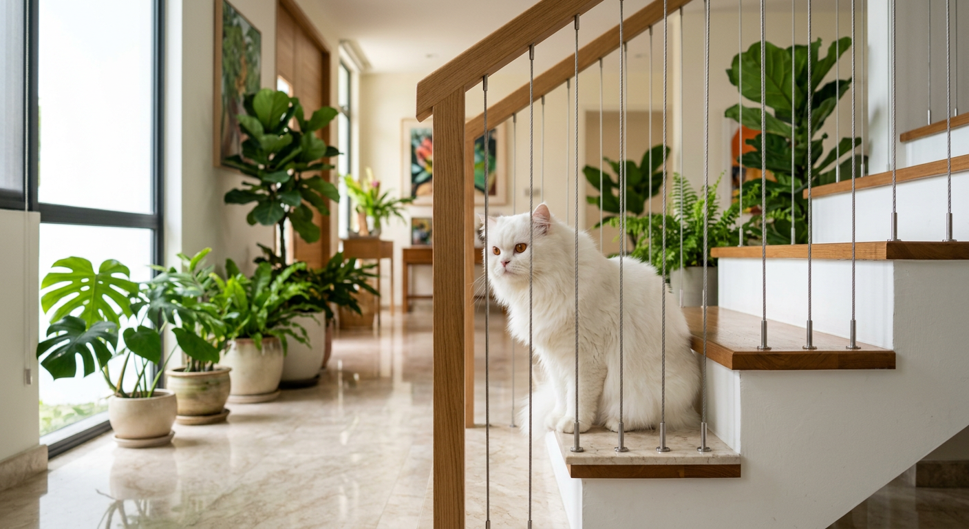 White cat behind invisible grill on staircase