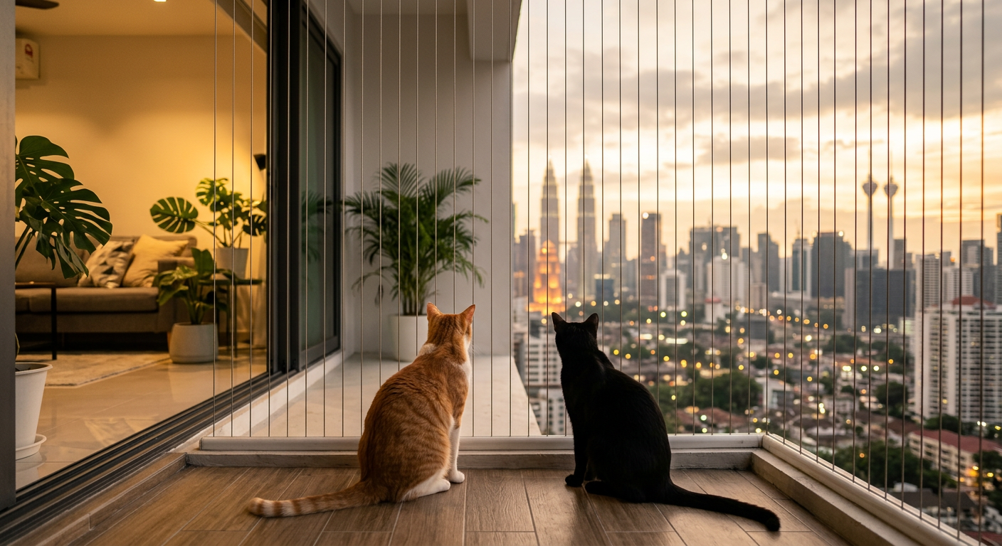 Two cats on condo balcony with invisible grill and Petronas Towers